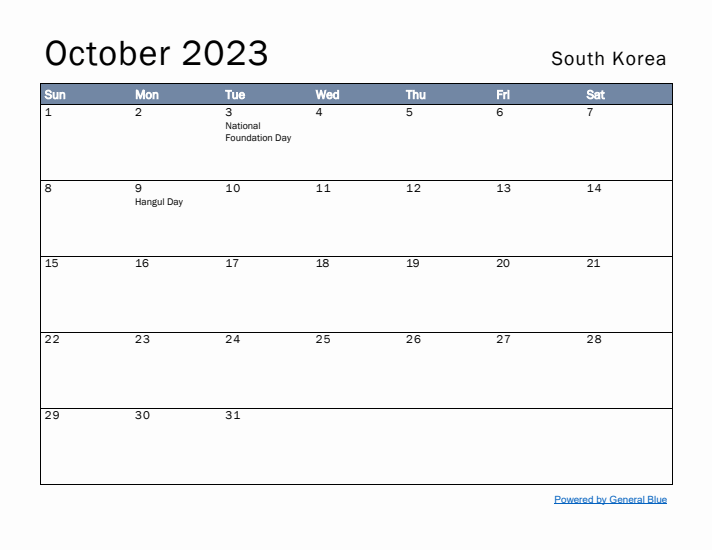 October 2023 Simple Monthly Calendar for South Korea