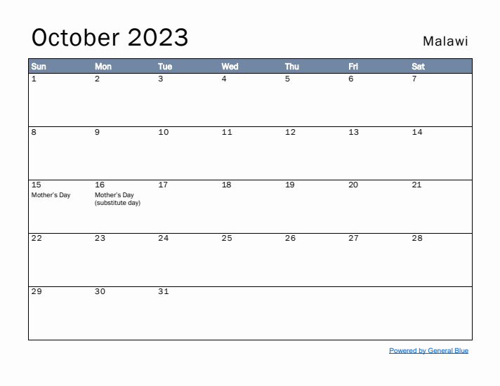 October 2023 Simple Monthly Calendar for Malawi