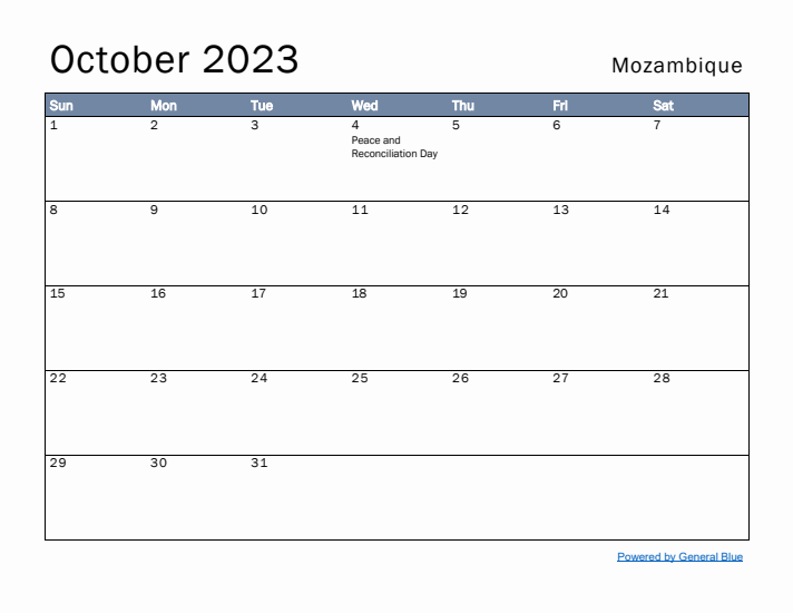 October 2023 Simple Monthly Calendar for Mozambique