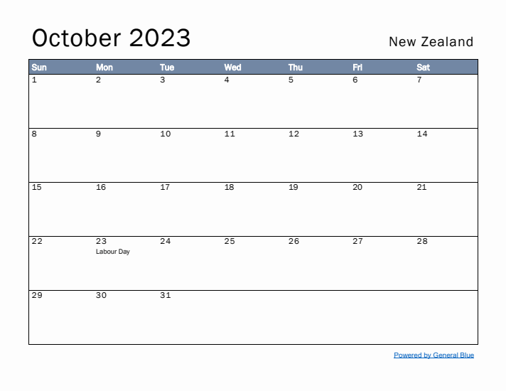 October 2023 Simple Monthly Calendar for New Zealand