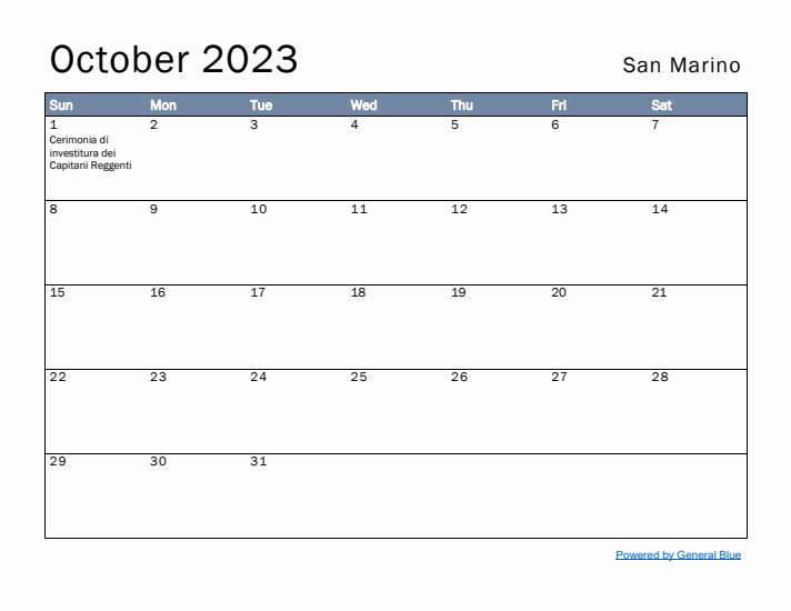 October 2023 Simple Monthly Calendar for San Marino