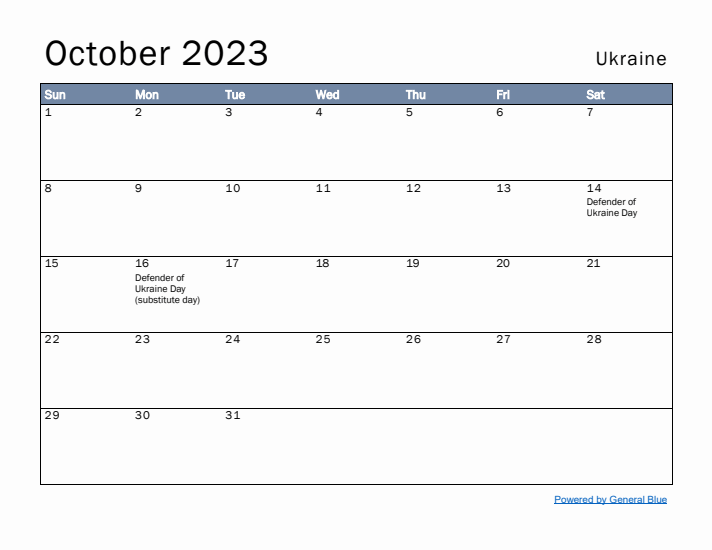 October 2023 Simple Monthly Calendar for Ukraine