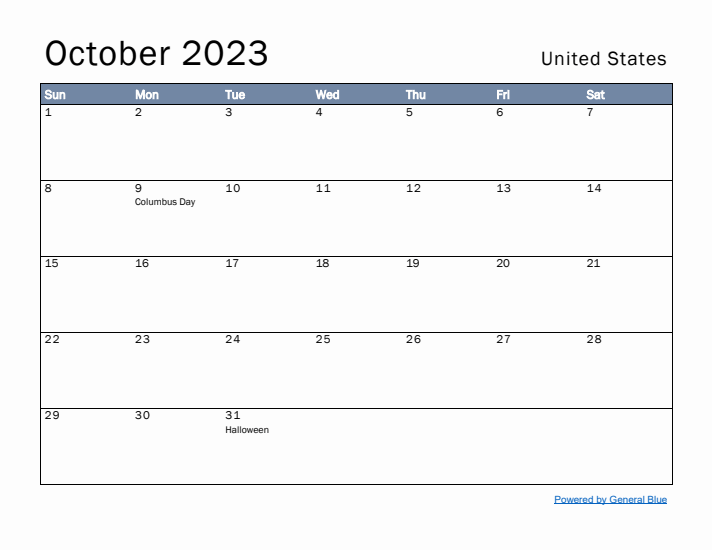 October 2023 Simple Monthly Calendar for United States