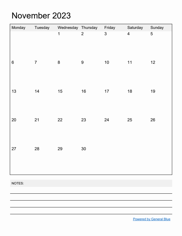 Basic Monthly Calendar Template for November 2023