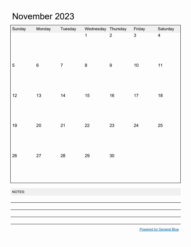 Basic Monthly Calendar Template for November 2023