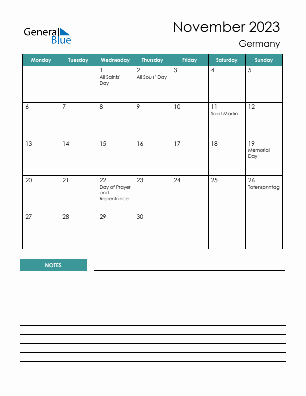 Calendar with Notes Printable - Monday Start