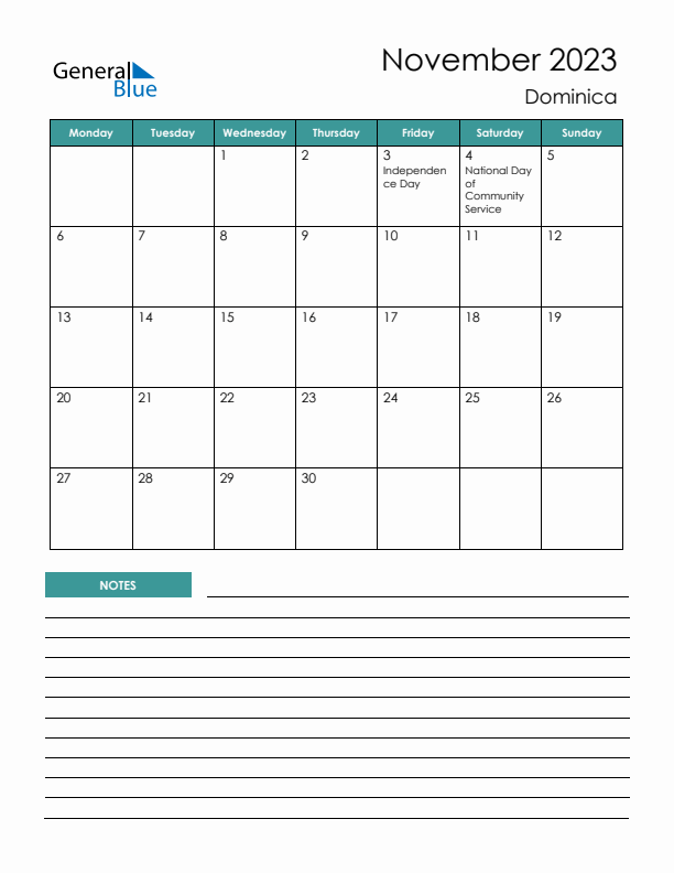 Calendar with Notes Printable - Monday Start