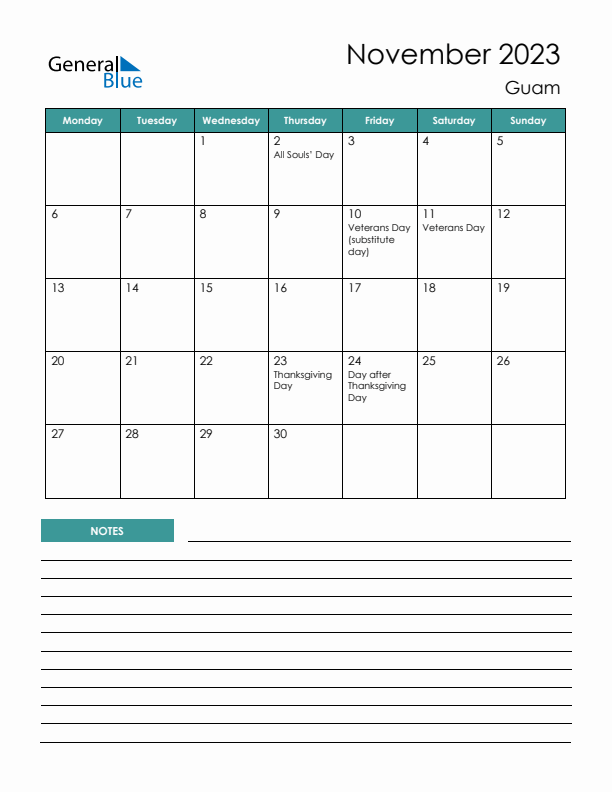 Calendar with Notes Printable - Monday Start