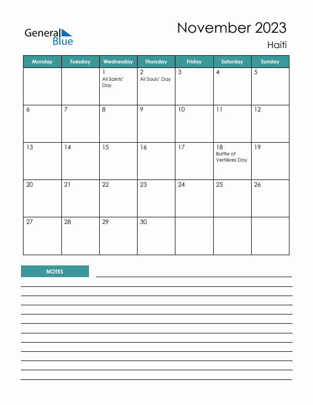 Calendar with Notes Printable - Monday Start