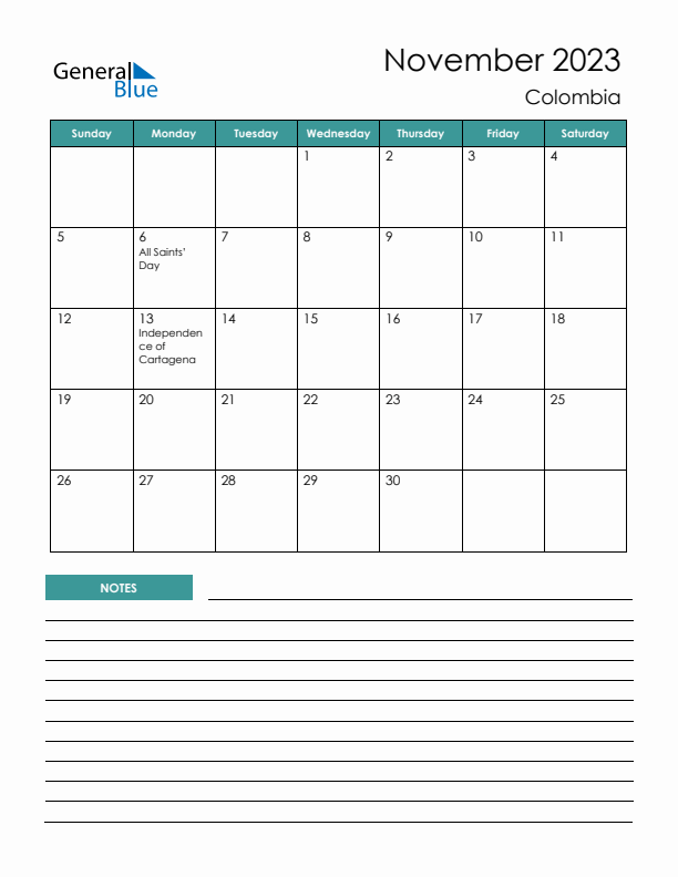 Calendar with Notes Printable - Sunday Start