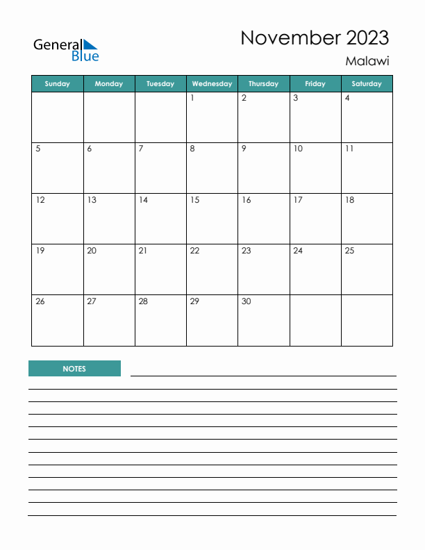 Calendar with Notes Printable - Sunday Start