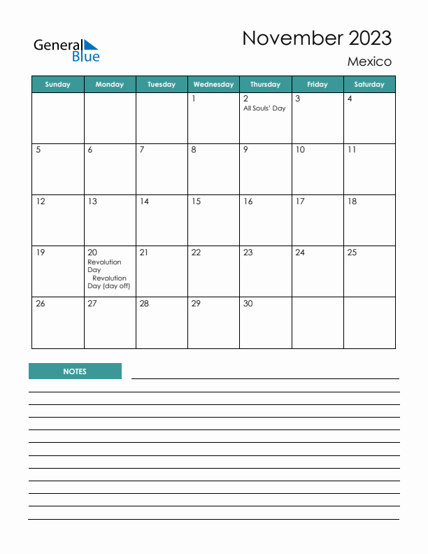 Calendar with Notes Printable - Sunday Start