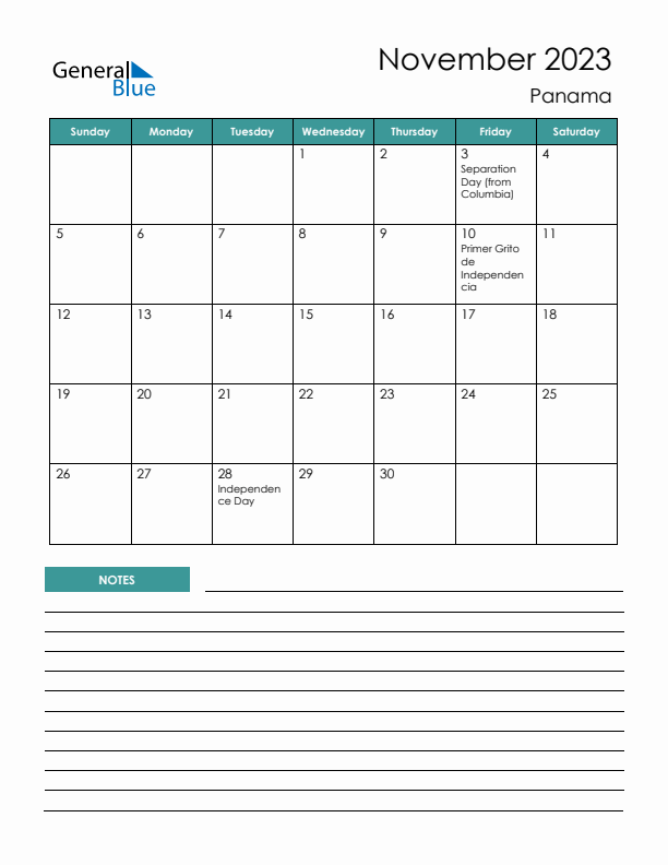 Calendar with Notes Printable - Sunday Start