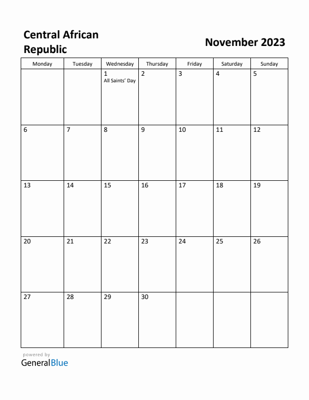 November 2023 Calendar with Central African Republic Holidays