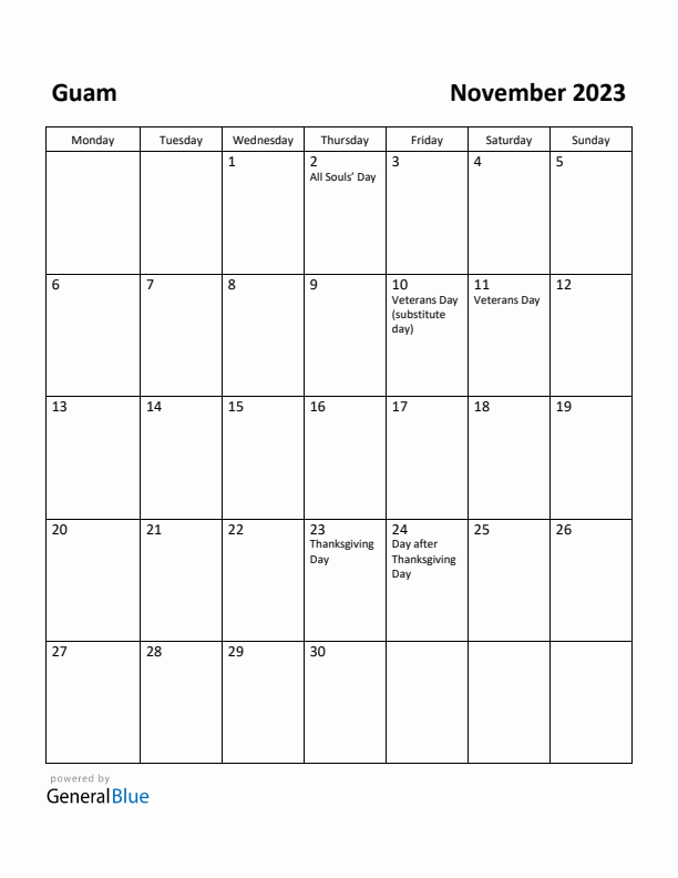 November 2023 Calendar with Guam Holidays