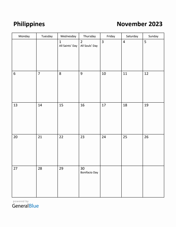 November 2023 Calendar with Philippines Holidays