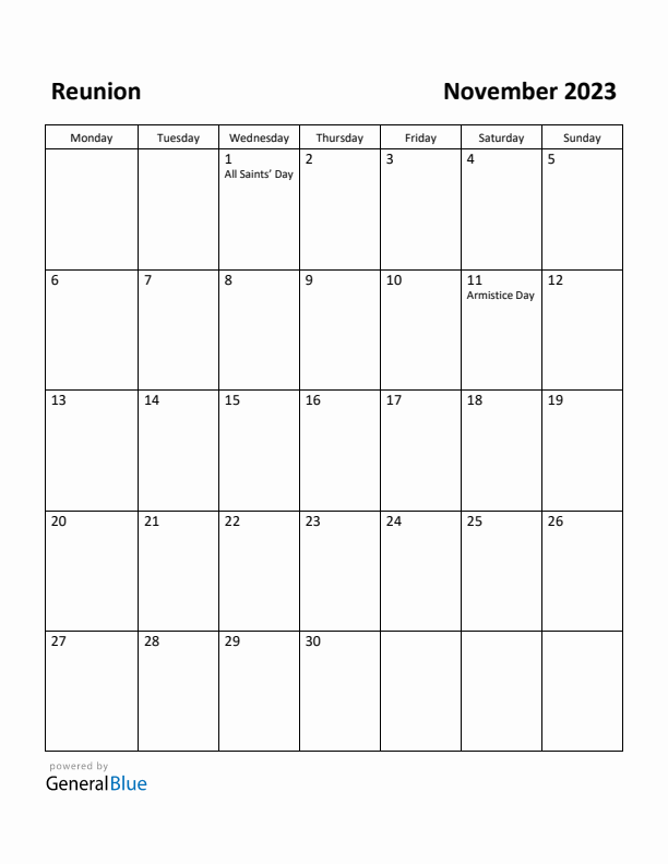 November 2023 Calendar with Reunion Holidays