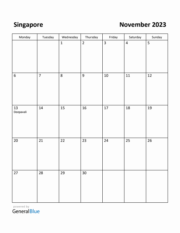 November 2023 Calendar with Singapore Holidays