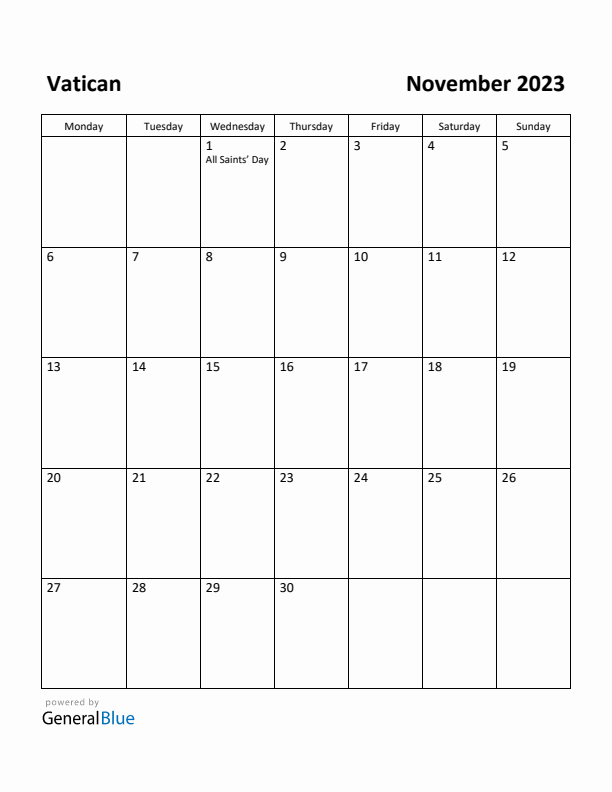 November 2023 Calendar with Vatican Holidays