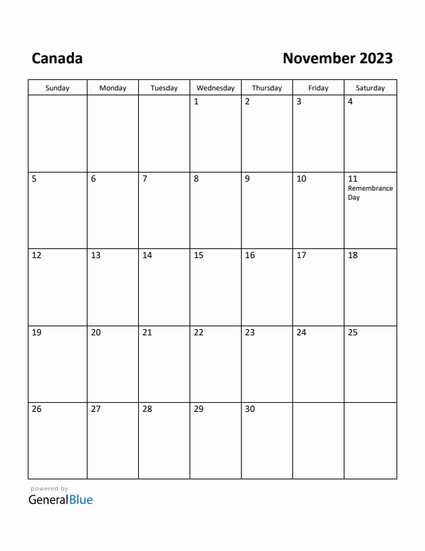 November 2023 Calendar with Canada Holidays