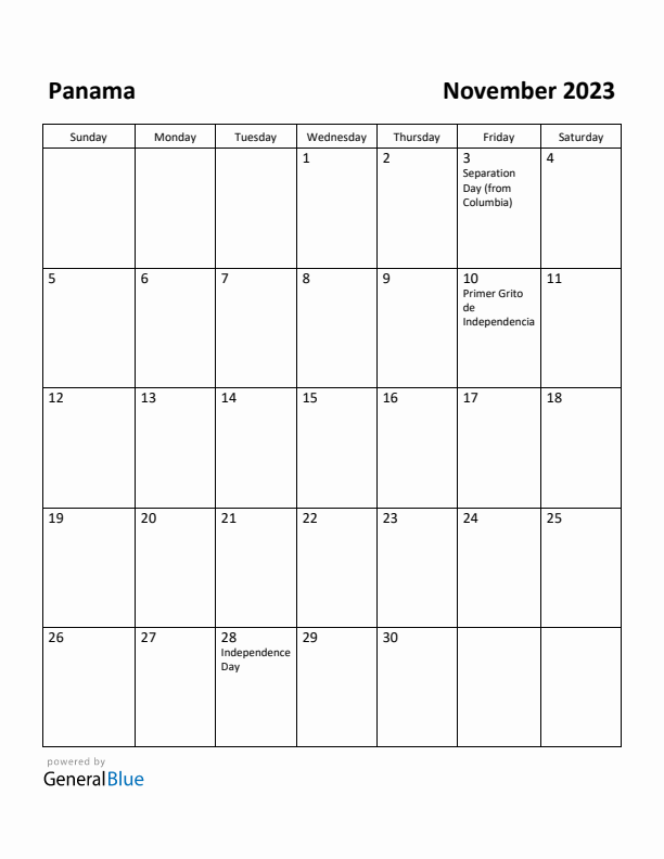 November 2023 Calendar with Panama Holidays