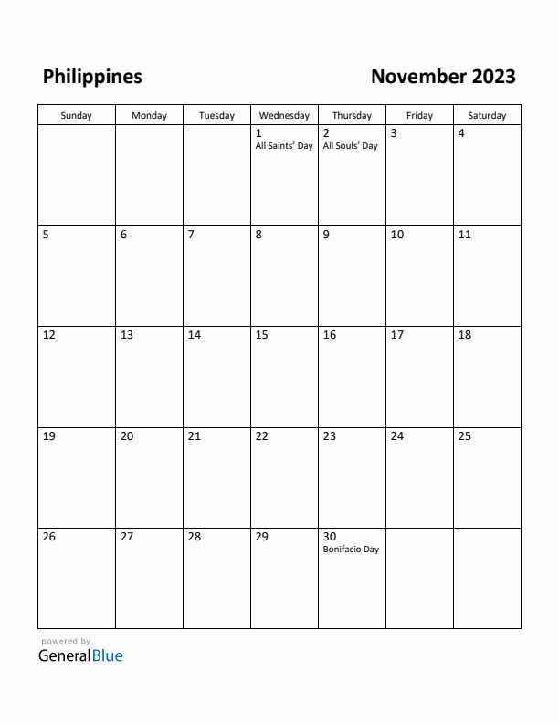 November 2023 Calendar with Philippines Holidays