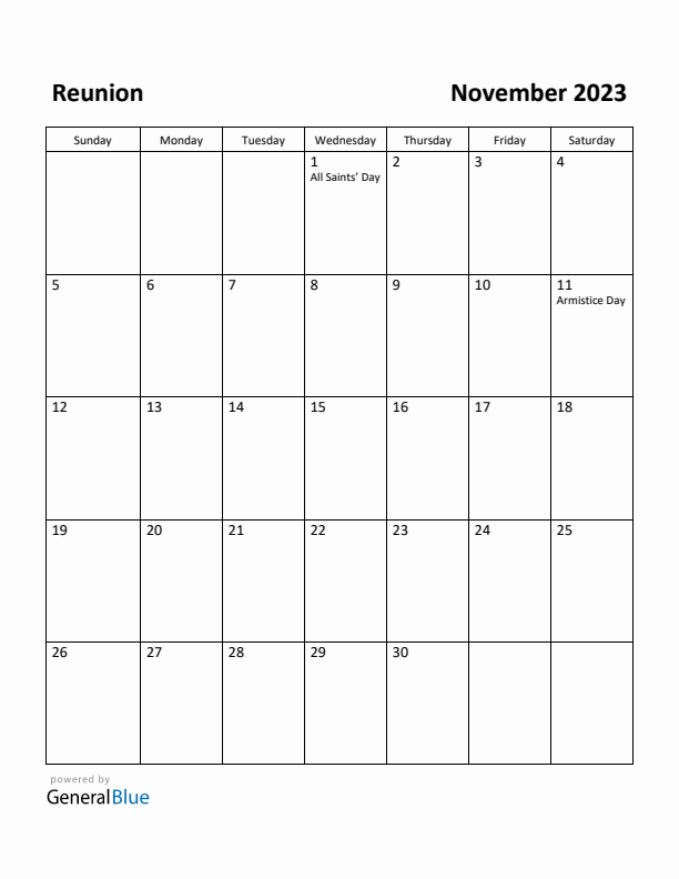 November 2023 Calendar with Reunion Holidays