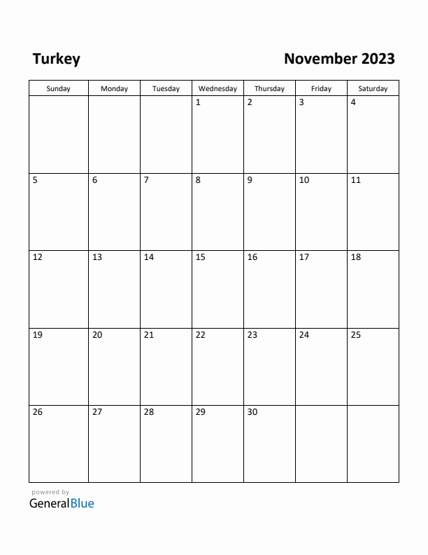 November 2023 Calendar with Turkey Holidays