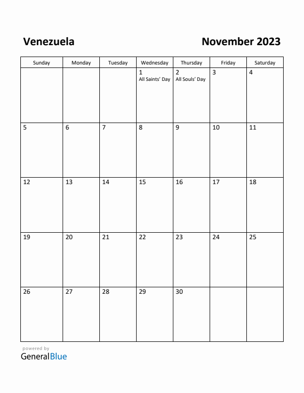 November 2023 Calendar with Venezuela Holidays