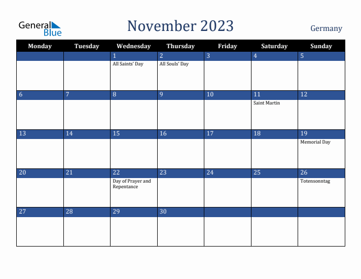 November 2023 Germany Calendar (Monday Start)