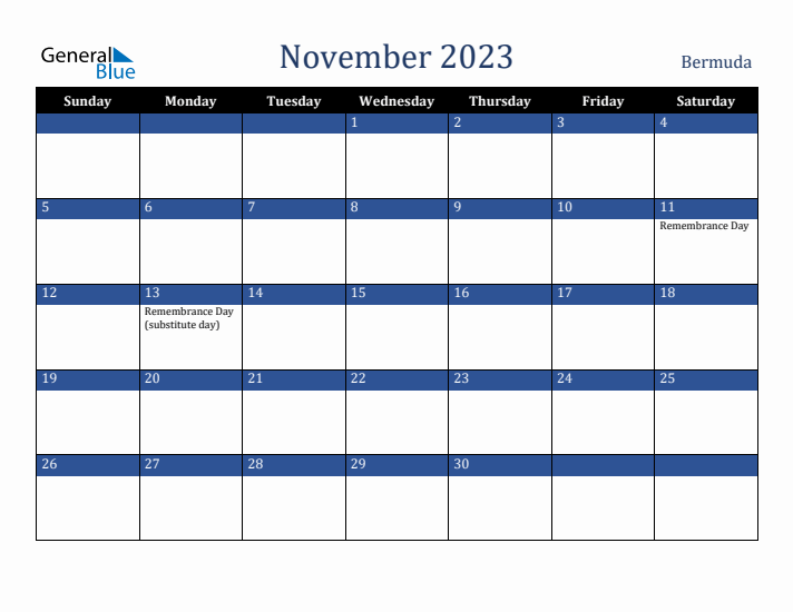 November 2023 Bermuda Calendar (Sunday Start)