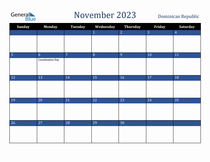 November 2023 Dominican Republic Calendar (Sunday Start)