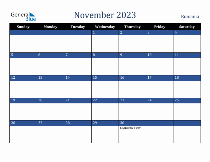 November 2023 Romania Calendar (Sunday Start)