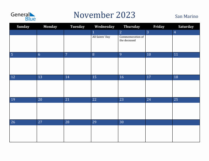 November 2023 San Marino Calendar (Sunday Start)