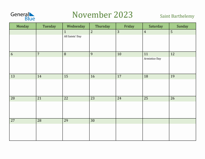 November 2023 Calendar with Saint Barthelemy Holidays