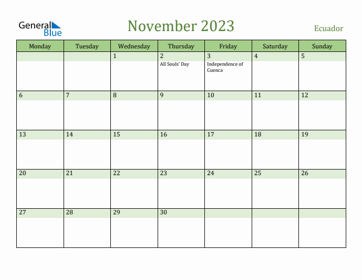 November 2023 Calendar with Ecuador Holidays