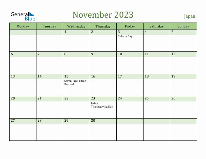 November 2023 Calendar with Japan Holidays