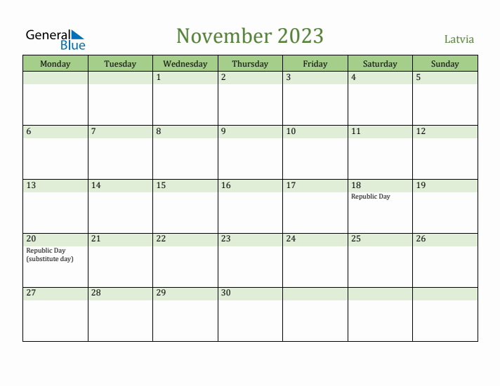 November 2023 Calendar with Latvia Holidays