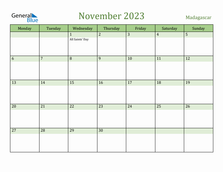 November 2023 Calendar with Madagascar Holidays