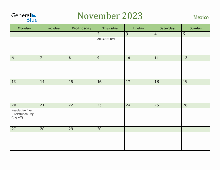 November 2023 Calendar with Mexico Holidays