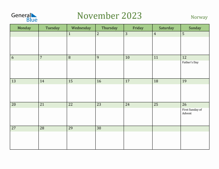 November 2023 Calendar with Norway Holidays