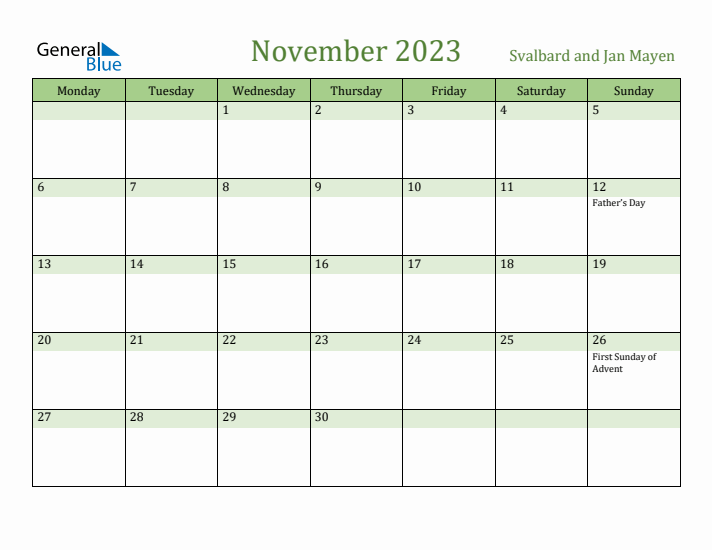 November 2023 Calendar with Svalbard and Jan Mayen Holidays