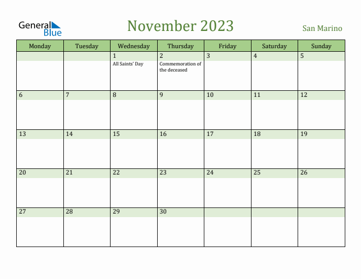 November 2023 Calendar with San Marino Holidays