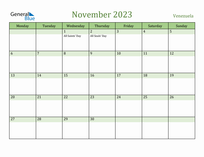 November 2023 Calendar with Venezuela Holidays