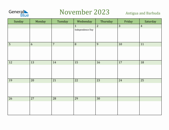 November 2023 Calendar with Antigua and Barbuda Holidays