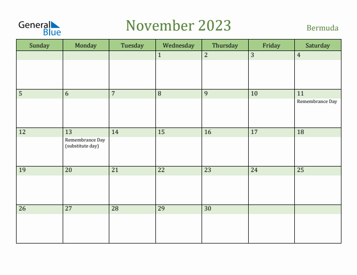 November 2023 Calendar with Bermuda Holidays