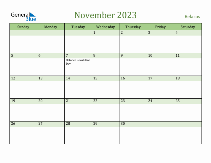 November 2023 Calendar with Belarus Holidays