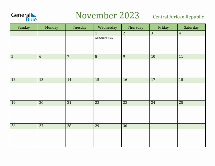 November 2023 Calendar with Central African Republic Holidays