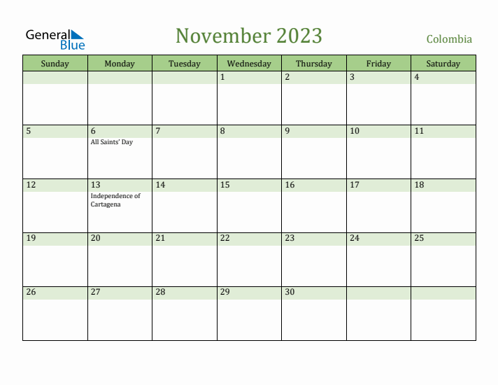 November 2023 Calendar with Colombia Holidays