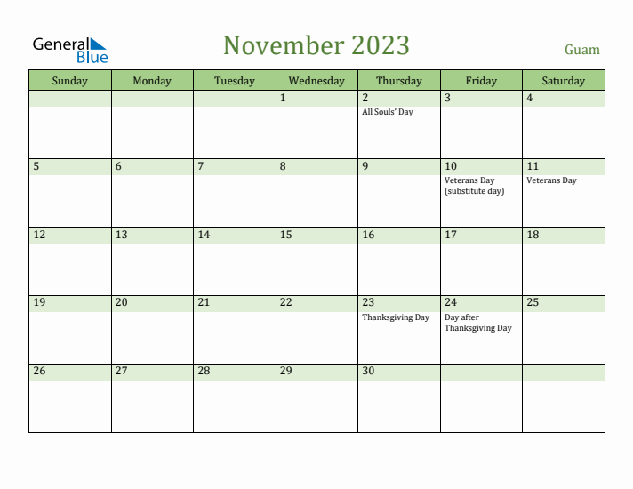 November 2023 Calendar with Guam Holidays